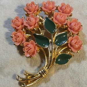 Vintage 1950s Coral Rose Carved Celluloid Brooch